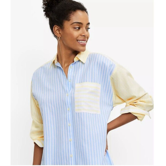 LOFT 100% Cotton Striped Boyfriend Button Up Striped Blue Yellow Top Size Small - Picture 1 of 10